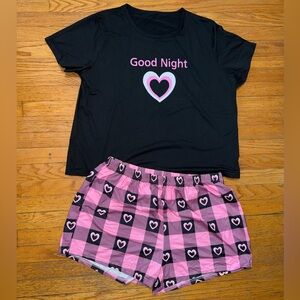 SHEIN Black Tee & Pink Heart Plaid Short Pajama Set